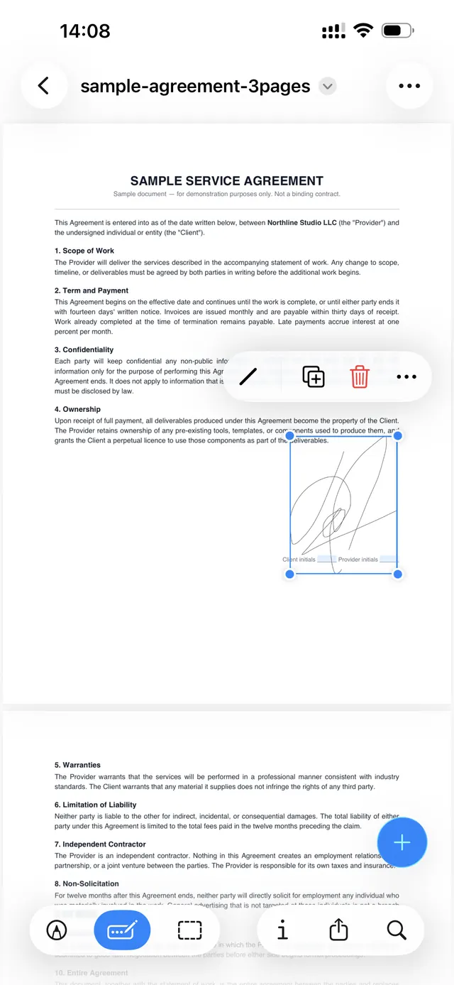 Signature placed on a PDF page on iPhone with blue resize handles in Markup