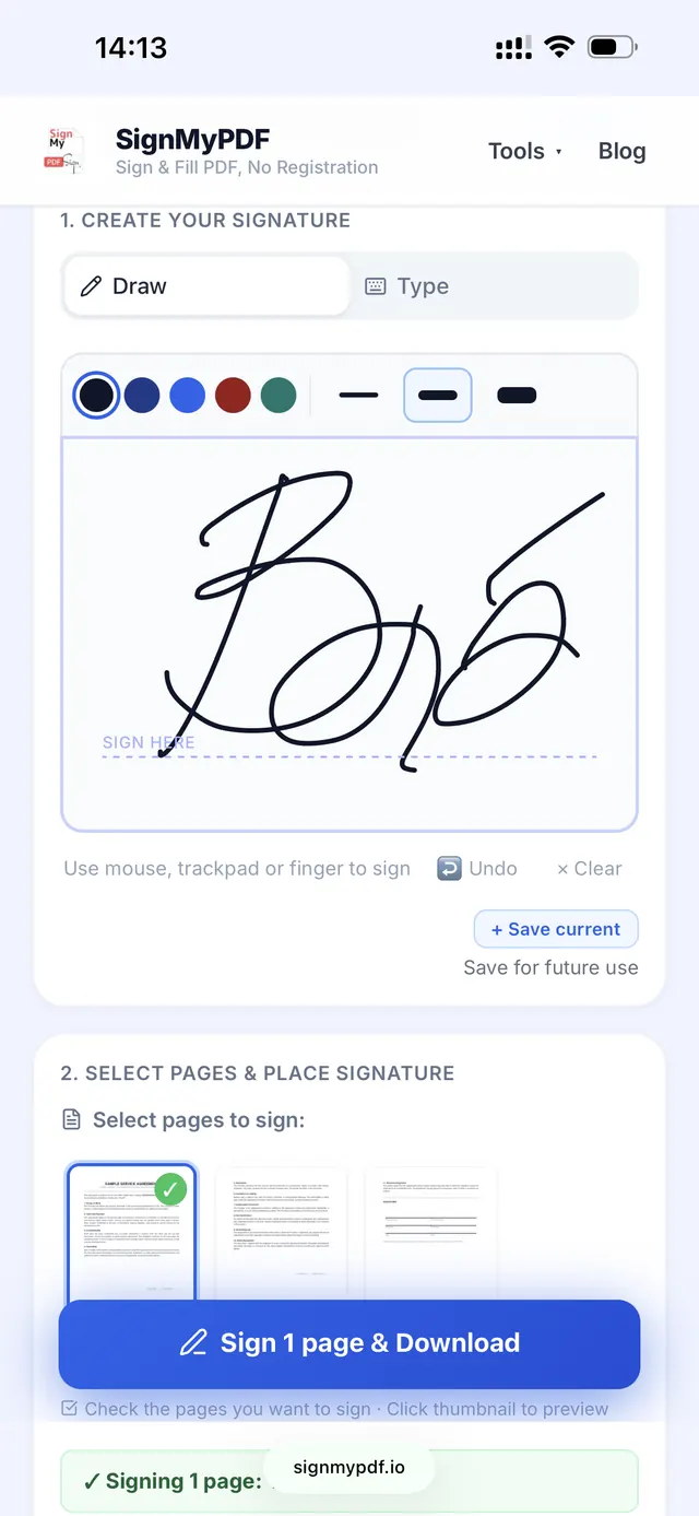 Drawing a signature on iPhone in mobile Safari with colour and stroke options
