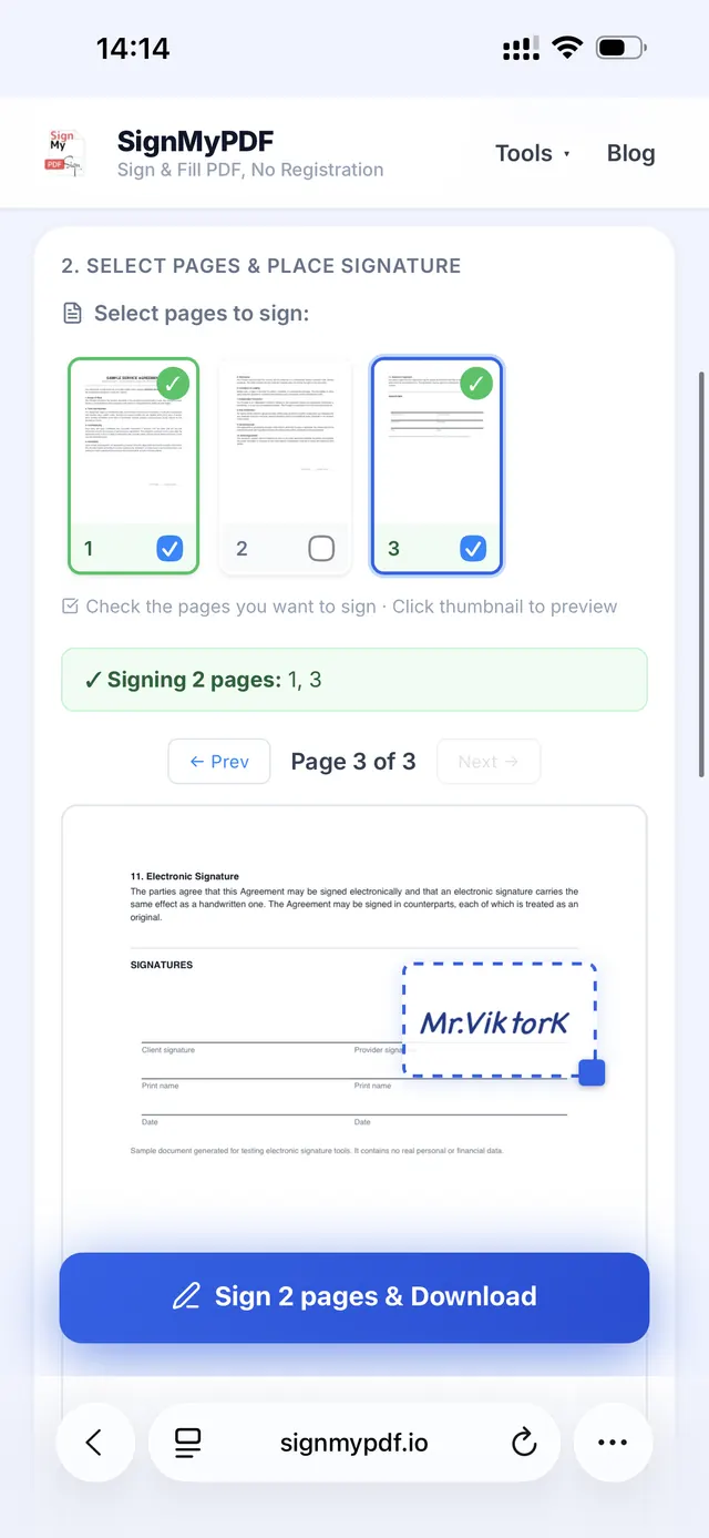 Selecting which PDF pages to sign on iPhone using page checkboxes, signing two pages at once