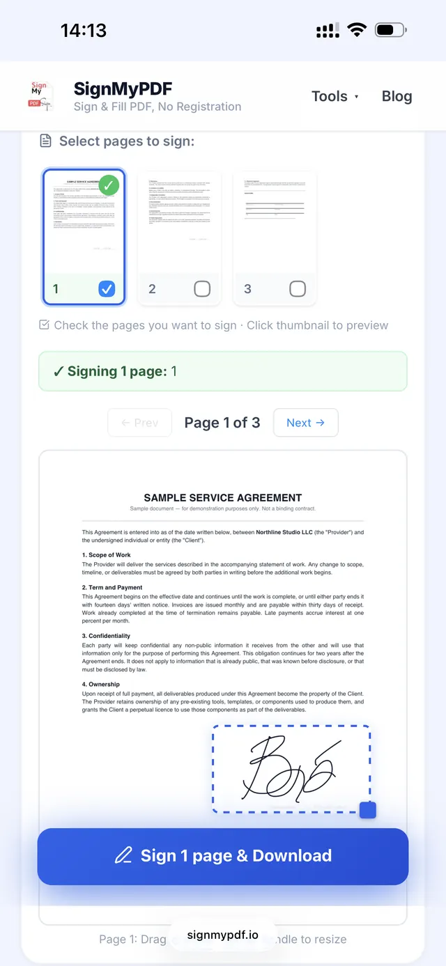 Placing a drawn signature on a PDF signature line in Safari on iPhone before downloading
